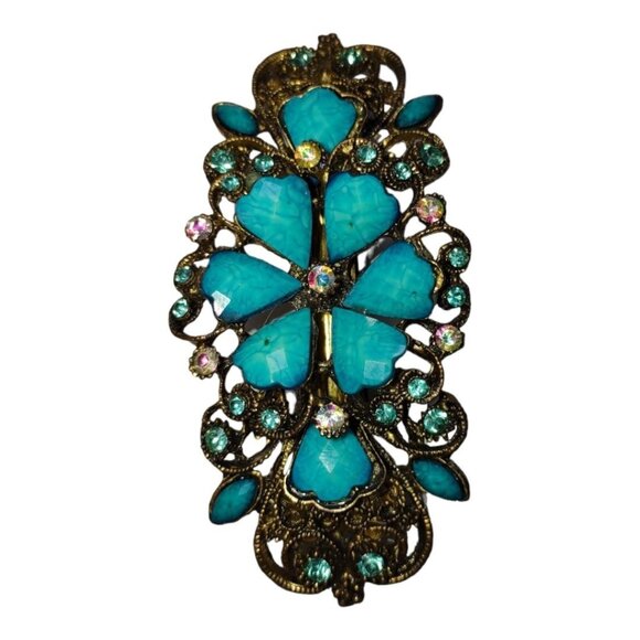 Vintage Ornate Gold & Turquoise Barrette With Rhinestones Womens Accessory - Picture 1 of 4